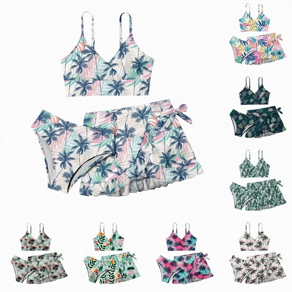 YDFCWXW Girl's 3 Pieces Bikini Set Tropical Print Swimsuit Bathing Suit with Ruffle Cover up Skirt Summer Beach Holiday Pool Swimwear (Dark Gray, 13-14 Years)