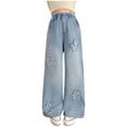 thumbnail image 1 of YDFCWXW Girl's Flower Patch Jeans Straight Wide Leg Baggy Denim Pants Y2K High Waistband Fashion Cute Trousers with Pockets (Blue, 7-8 Years), 1 of 8