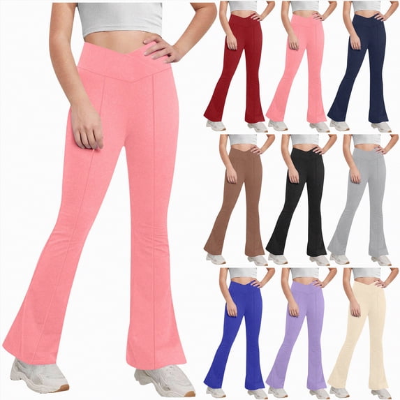 YDFCWXW Girl's Leggings Cross High Waisted Flare Pants Yoga Bootcut Pants Solid Color Full Length Bell Bottoms (Khaki, 7-8 Years)