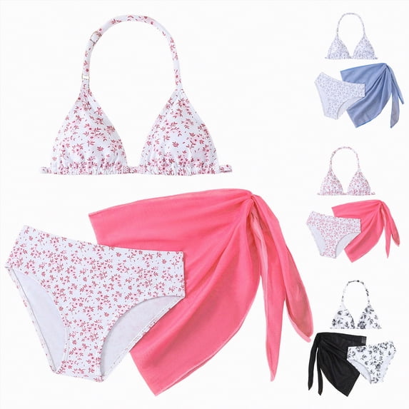 YDFCWXW Girl's Summer Swimsuit Set Floral Halter Triangle Bikini Set with Wrap Skirts Beachwear (Black, 8-9 Years)