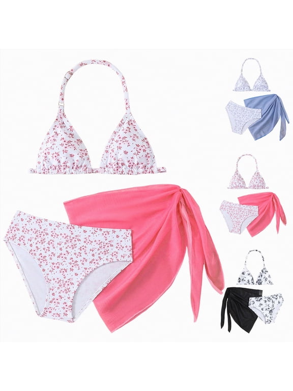 Girl's Summer Swimsuit Set Floral Halter Triangle Bikini Set with Wrap Skirts Beachwear (Sky Blue, 8-9 Years)