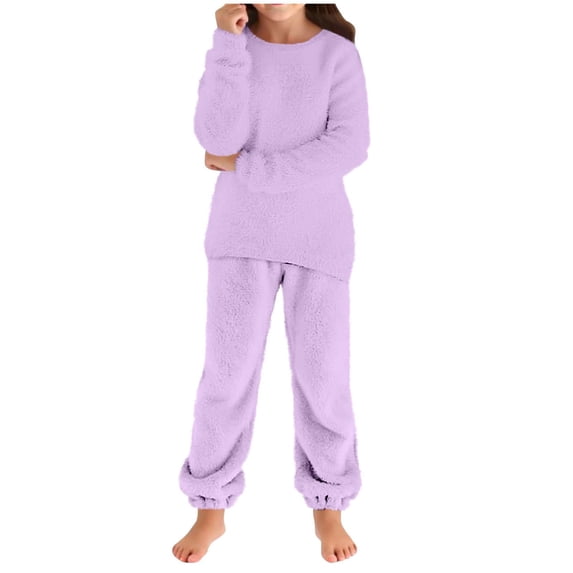 YDFCWXW Girls 2 Outfits Fleece Fuzzy Sweatshirts Pants Sets Winter Warm Tracksuit Kids 5-16 Years (Purple, 15-16 Years)