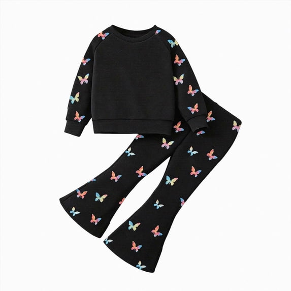 YDFCWXW Girls 2 Outfits Long Sleeve Sweatshirt Elastic Flared Pants Clothing Set (Black, 5 Years)