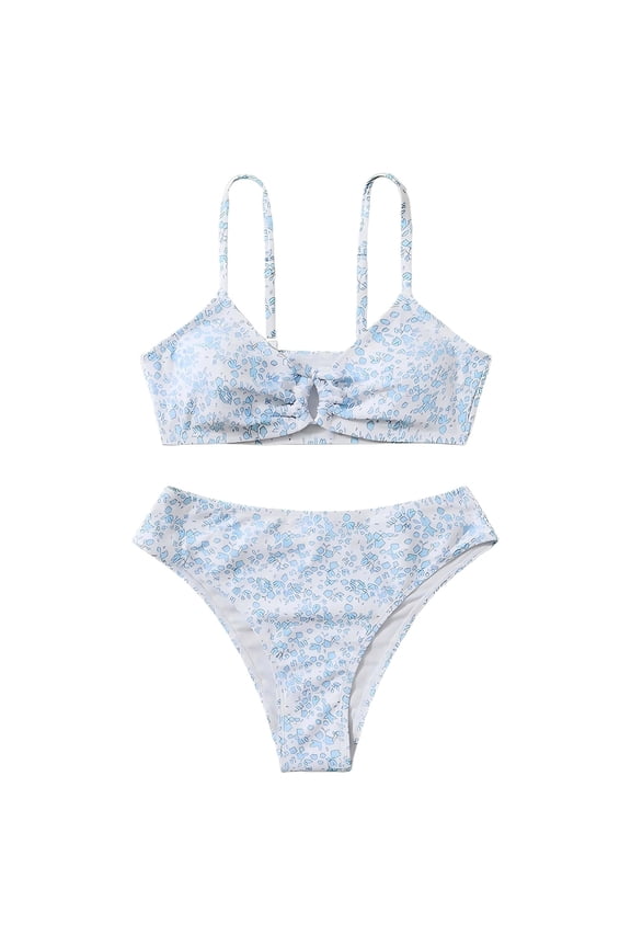 Girls' 2 Piece Ditsy Floral Knot Front Ruched Triangle Bikini Swimsuit (White, 11-13 Years)