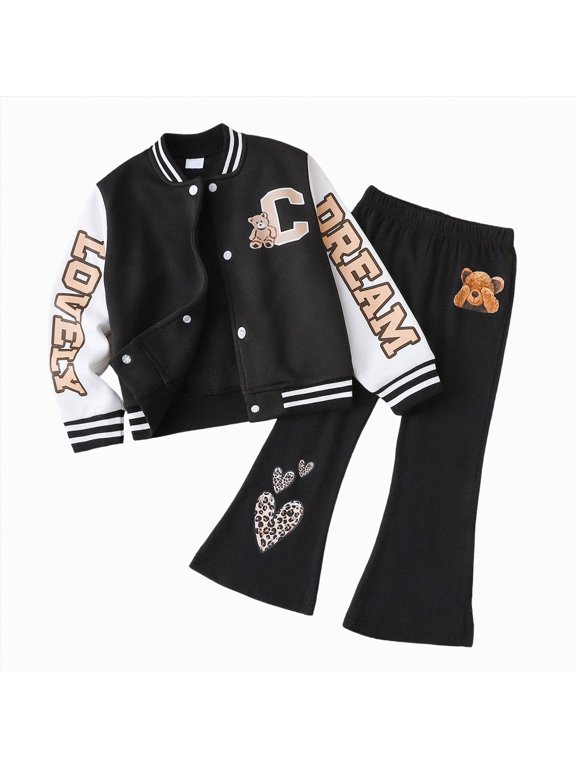 Girls 2 Piece Outfit Varsity Jacket & Flare Pants Set, Bear Patch Leopard Heart Graphic 4-8Y (Black, 4 Years)