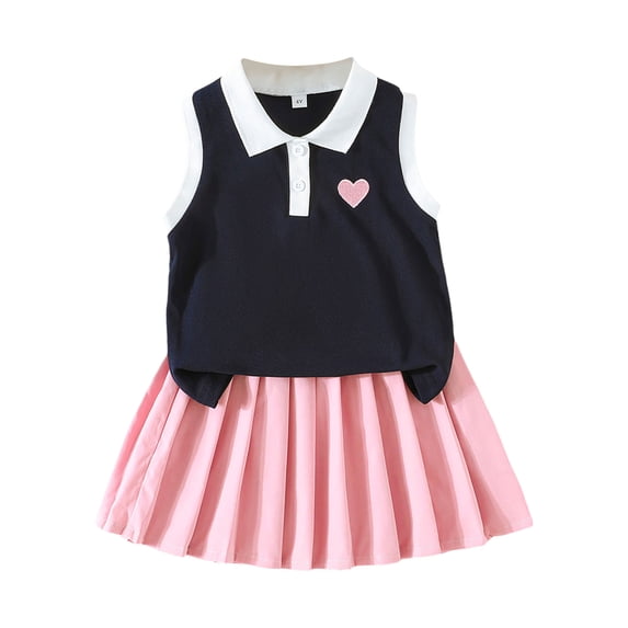YDFCWXW Girls 2 Piece Outfits Preppy Heart Graphic Polo Shirt Sleeveless Collar Crop Tops and Pleated Skirt Set (Blue, 5-6 Years)