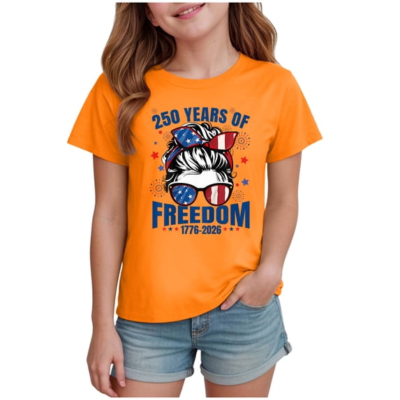 YDFCWXW Girls 250 Years American 250th USA Patriotic 4th of July T-Shirt (Orange, 9-10 Years)