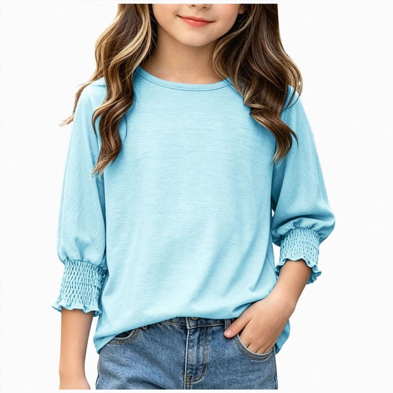 YDFCWXW Girls 3/4 Sleeve T Shirts Crewneck Ruffle Tops Basic Tees Casual Blouse Loose Fit (Light Blue, 13-14 Years)
