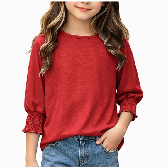 YDFCWXW Girls 3/4 Sleeve T Shirts Crewneck Ruffle Tops Basic Tees Casual Blouse Loose Fit (Red, 13-14 Years)