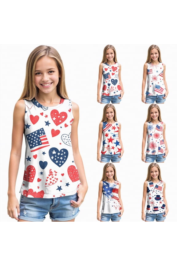 Girls 4th of July Red White Blue Fourth of July Patriotic Tank Top July 4th Independence Day Clothes (Red, L)