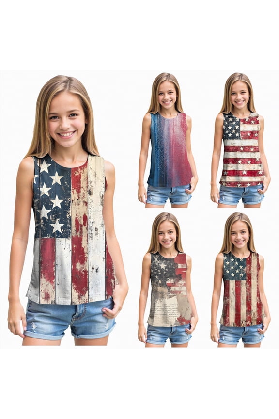 Girls 4th of July Tank Tops Kids American Flag Patriotic Independence Day Shirts Sleeveless Cotton Tops 5-14T (Blue, XL)