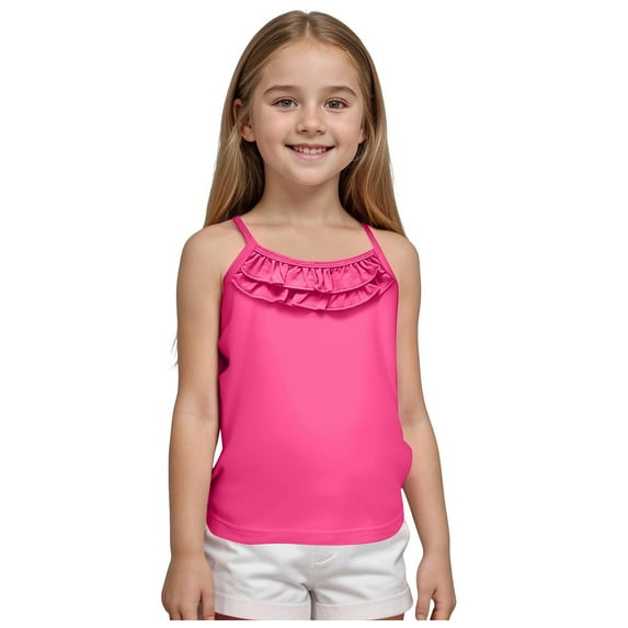 YDFCWXW Girls' Basic Camisole Ruffle Trim Summer Casual Tank Tops, Ages 9 Months-7 Years (Hot Pink, 6-7 Years)