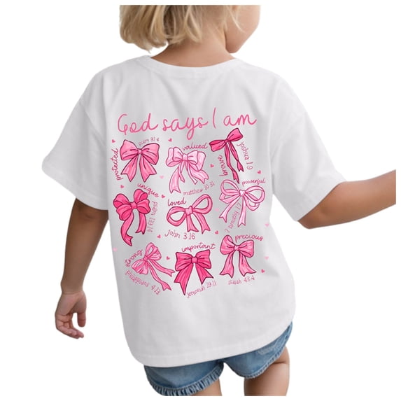 YDFCWXW Girls Bow Graphic Cute T Shirts Crew Neck Short Sleeve Summer Casual Tee Tops (White, 5-6 Years)