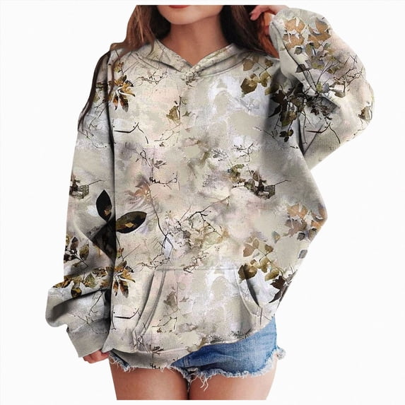 YDFCWXW Girls Camo Hoodie Women Kids Boys Sweatshirts Maple Print Pullover with Pockets Unisex Outdoor Adventure Hooded Top for Back to School (Grey, 9-10 Years)