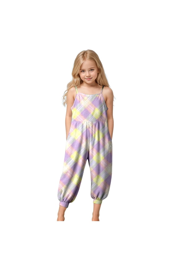 Girls' Casual Sleeveless Easter Print Jumpsuits Spaghetti Strap Loose Romper Long Pants (Pink, 3-4 Years)