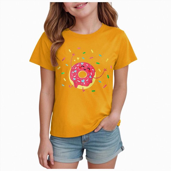 YDFCWXW Girls Clothes T-Shirt Short Sleeve Graphic Tee Comfortable Cartoon Tees Girl Shirt Summer Donut Print (Yellow, 13-14 Years)