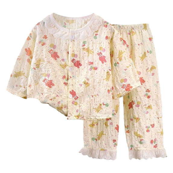 YDFCWXW Girls Cotton Gauze Summer Sets Crew Neck Button Down 2 Piece Lounge Set (Pink, 11-12 Years)