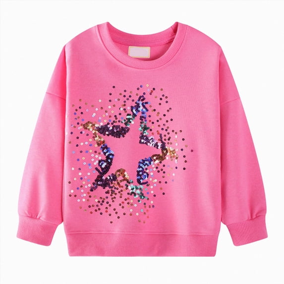 YDFCWXW Girls Cotton Pullover Sweatshirts Kids Sequin Star Pattern Crewneck Tops (Pink, 4-5 Years)