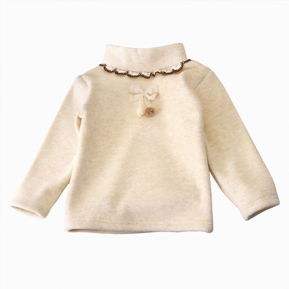 YDFCWXW Girls Cotton Turtleneck T-Shirt Bowknot Long Sleeve Pullover Loose Base Layer Tops 1-11 (Beige, 3-4 Years)