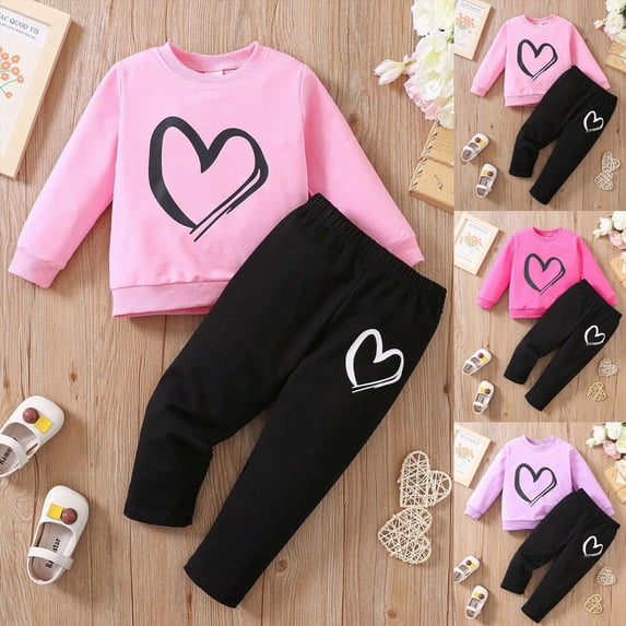 YDFCWXW Girls Graphic Heart Print Workout Sweatshirt & Sweatpants 2Pcs Winter Activewear Set for Sports Daily (Pink, 3-4 Years)