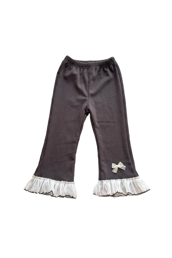 Girls Leggings Ribbed Pull Flared Pants Elastic Waist Ruffle Hem Kids Casual Soft Spring Autumn Schoolwear (Coffee, 5-6 Years)