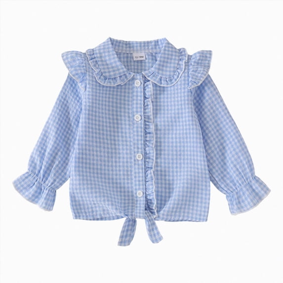 YDFCWXW Girls Long Sleeve Plaid Ruffle Button Down Shirt Cowgirl Western Tie Front Blouse 5-14 Years (Blue, 3-4 Years)