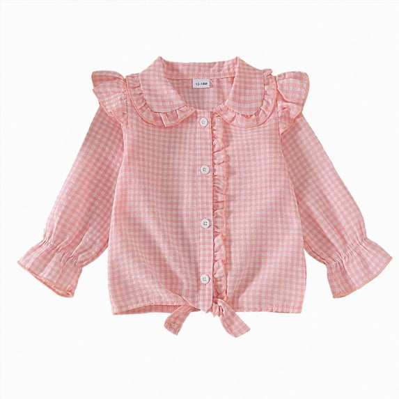 YDFCWXW Girls Long Sleeve Plaid Ruffle Button Down Shirt Cowgirl Western Tie Front Blouse 5-14 Years (Pink, 3-4 Years)