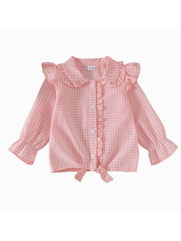 Girls Long Sleeve Plaid Ruffle Button Down Shirt Cowgirl Western Tie Front Blouse 5-14 Years (Pink, 5-6 Years)