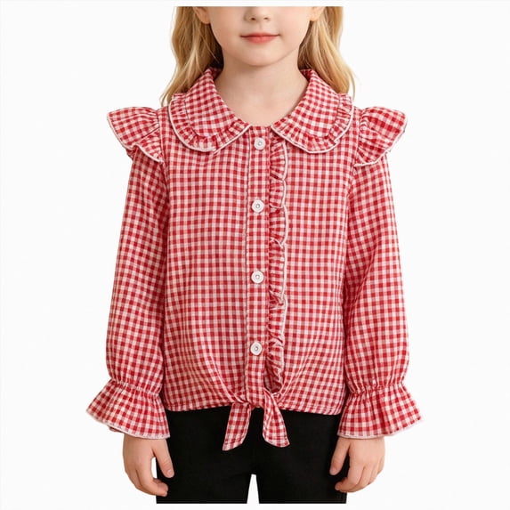 YDFCWXW Girls Long Sleeve Plaid Ruffle Button Down Shirt Cowgirl Western Tie Front Blouse 5-14 Years (Red, 5-6 Years)
