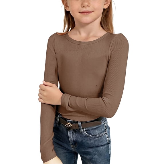 YDFCWXW Girls Long Sleeve Stretch Crewneck Ribbed T-Shirt Slim Fit Casual Basic Tops (Coffee, 13-14 Years)