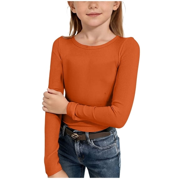 YDFCWXW Girls Long Sleeve Stretch Crewneck Ribbed T-Shirt Slim Fit Casual Basic Tops (Orange, 9-10 Years)