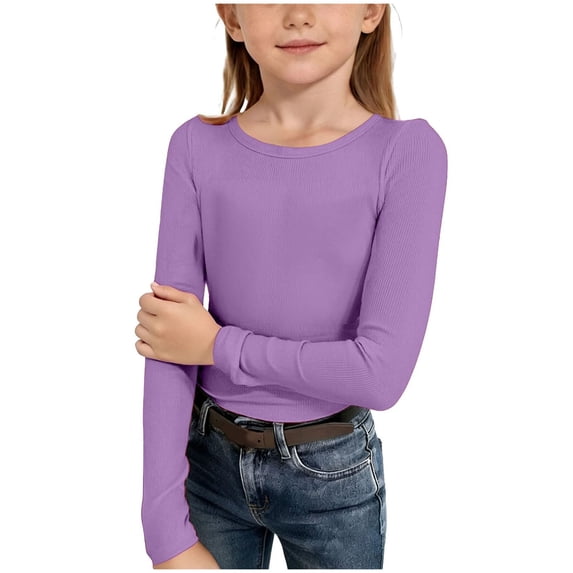 YDFCWXW Girls Long Sleeve Stretch Crewneck Ribbed T-Shirt Slim Fit Casual Basic Tops (Purple, 11-12 Years)