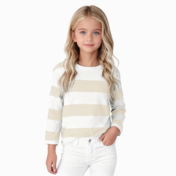 YDFCWXW Girls Long Sleeve T-Shirts Striped Cotton Blend Crewneck Tee Kids Soft Everyday Basic Top (Beige, 12-18 Months)