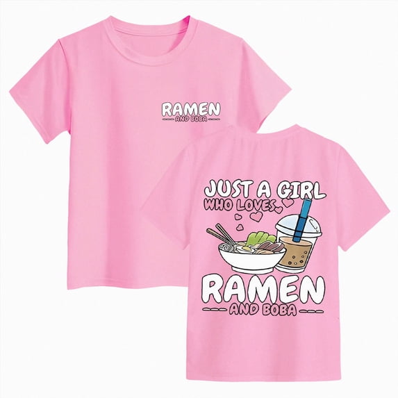 YDFCWXW Girls Ramen T-Shirt Cute Graphic Short Sleeve Tee Funny Casual Top for Kids (Pink, 9-10 Years)