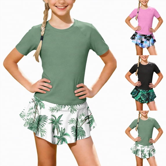 YDFCWXW Girls Rash Guard Swimsuits Short Sleeve Swimwear Skirt with Built-in Shorts Girls Bathing Suits Size 7-14 Y (Green, 7-8 Years)