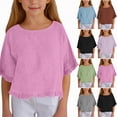 thumbnail image 1 of YDFCWXW Girls Ruffle Sleeve Shirts Summer Cotton Linen Short Sleeve Kids Casual Crewneck Fashion Flowy Blouse Lightweight (Grey, 14-15 Years), 1 of 6
