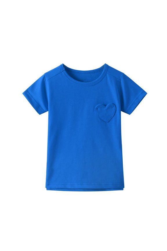 Girls Short Sleeve Heart Pocket T-Shirts Casual Cotton Tee Tops Blouse (5-12 Years) (Blue, 14-15 Years)