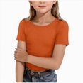 thumbnail image 1 of YDFCWXW Girls Short Sleeve Ribbed Knit Shirts Crewneck Ruched Side Shirt | Summer Casual Tee Tops Kids 5-14 Years (Orange, 5-6 Years), 1 of 4