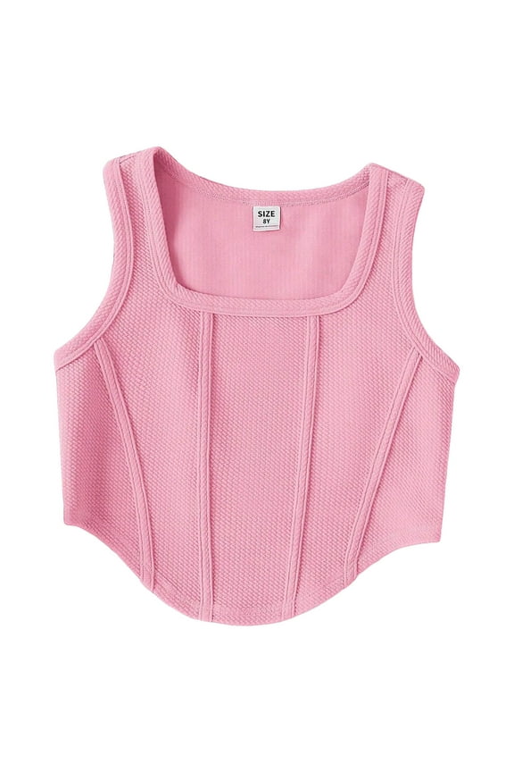 Girls Square Neck Crop Tank Tops Summer Sleeveless Asymmetrical Hem Corset Tops Vintage Bustier 8-14 Years (Pink, 13-14 Years)