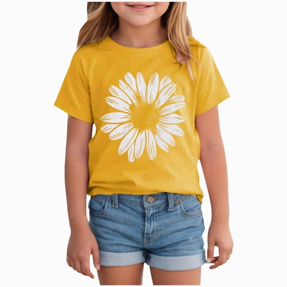 YDFCWXW Girls Sunflower Graphic Shirt, Short Sleeve T-Shirts Cotton Tees Tops Summer Tshirts Kids 2-14 (Yellow, 2-3 Years)