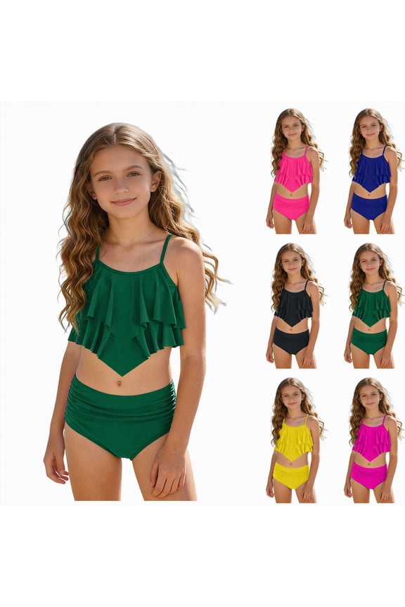 Girls Swimsuit 2 Piece Bikini Set Tiered Ruffled Bathing Suit Adjustable Straps Girls' Swimwear (Pink, 12-13 Years)