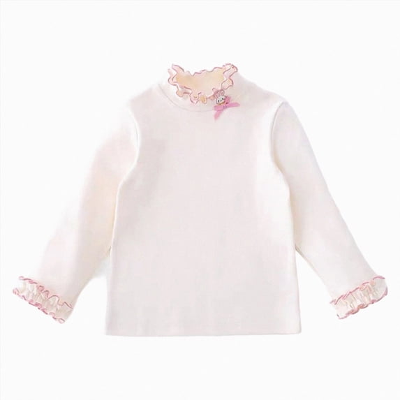 YDFCWXW Girls T-Shirt Long Sleeve Side Lace Tee Stretch Ruffled School Casual Solid Color Warm Tops (White, 2-3 Years)