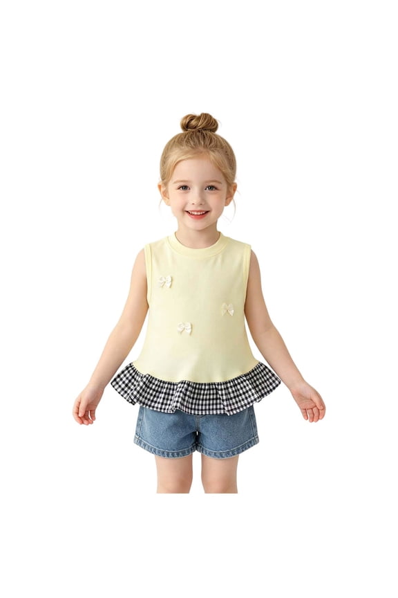 Girls' Tank Top with Bows, Sleeveless Vest, Plaid Hem, Summer Cute Shirts, Sizes 12 Months-8 Years (Beige, 5-6 Years)