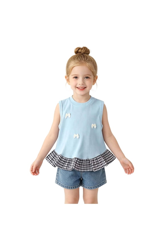 Girls' Tank Top with Bows, Sleeveless Vest, Plaid Hem, Summer Cute Shirts, Sizes 12 Months-8 Years (Sky Blue, 3-4 Years)