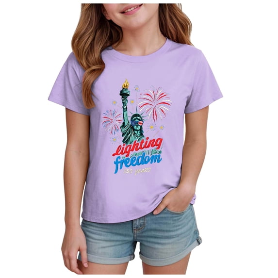 YDFCWXW Girls USA Shirts Kids 4th of July Shirts American Flag Tshirt Patriotic Top Independence Day Outfit 2-14y (Purple, 7-8 Years)