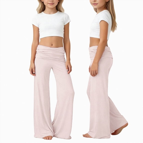 YDFCWXW Girls Yoga Pants Bootcut Wide Leg Foldover Flares Athletic High Waisted Bottom Teen Outfits Kids Clothes Stretchy Comfy (Pink, 9-10 Years)