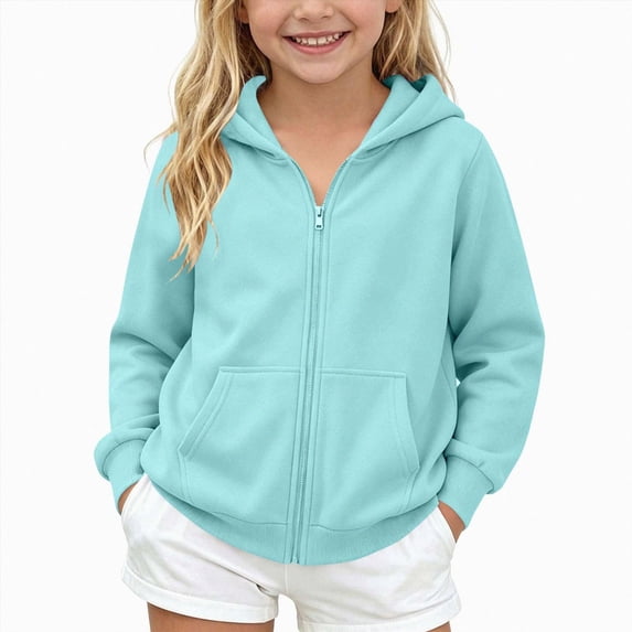 YDFCWXW Girls Zip Up Hoodies Uniform Fleece Sweatshirt, Casual Hoodie With Pockets for School & Daily Wear (Sky Blue, 5-6 Years)