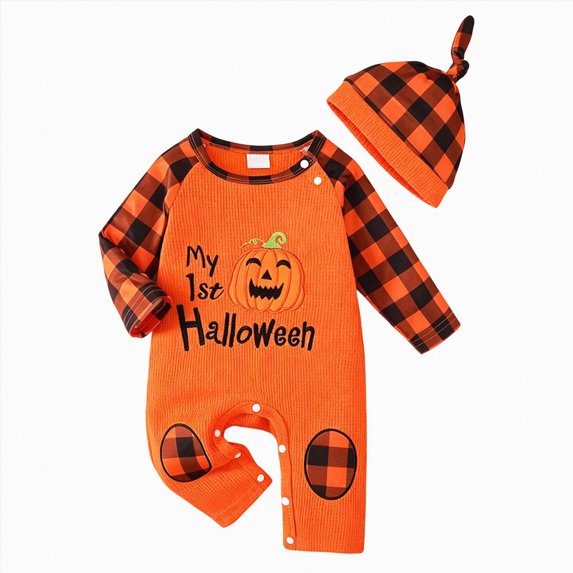 YDFCWXW Halloween Baby Boy Outfit Pumpkin Long Sleeve Onesie Romper Jumpsuit + Hat Halloween Clothes Set (Orange, 12-18 Months)