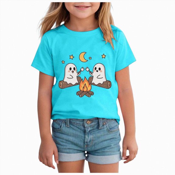 YDFCWXW Halloween Boo Shirts for Girls Funny Halloween Ghost Tshirts Fall Spooky Gift Top (Blue, 11-12 Years)