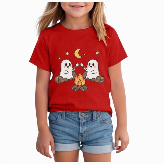 YDFCWXW Halloween Boo Shirts for Girls Funny Halloween Ghost Tshirts Fall Spooky Gift Top (Red, 5-6 Years)